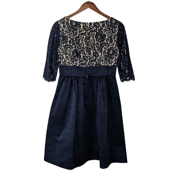 Eliza J Lace V-Neck Bodice Empire Waist Dress Navy Knee Length Pockets 4P Formal - Picture 2 of 9